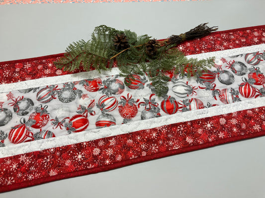 Red Silver Christmas Ornaments Quilted Dining Table Runner, 13x48", Winter Holiday Coffee End Table, Dresser Scarf Reversible Snowflakes