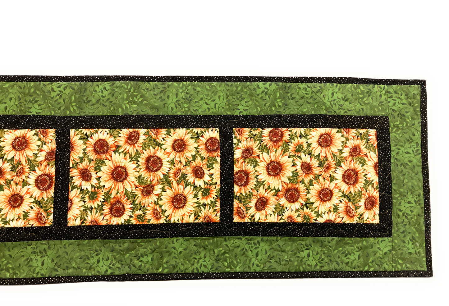 Sunflowers Green Leaves Quilted Table Runner, 14x52", Dining or Coffee Table Everyday Summer Nature Garden Lover Long Wide