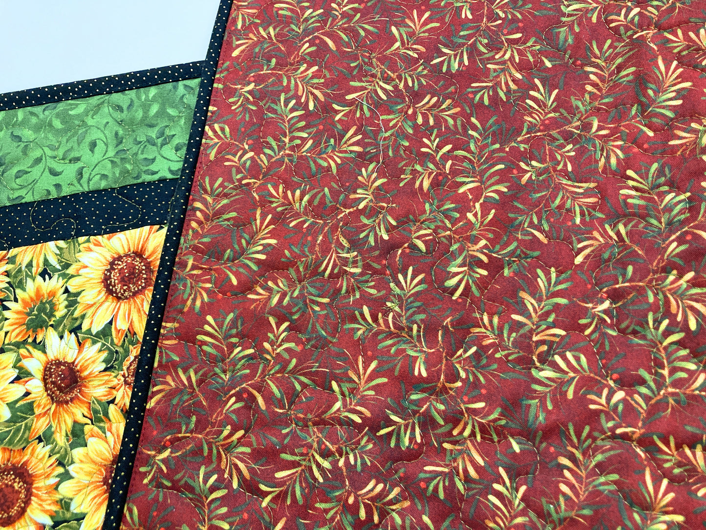 Sunflowers Green Leaves Quilted Table Runner, 14x52", Dining or Coffee Table Everyday Summer Nature Garden Lover Long Wide