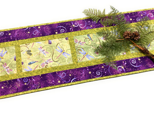 Purple Green Dragonflies Quilted Dining or Coffee Table Runner, 13x48" Reversible Summer Garden Whimsical Nature Lover
