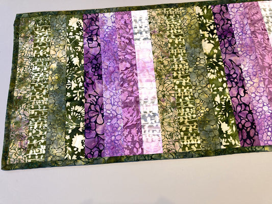 Purple Green Pink Batik Quilted Dining or Coffee Table Runner, Modern 14x50" Handmade Spring Summer Everyday Decor
