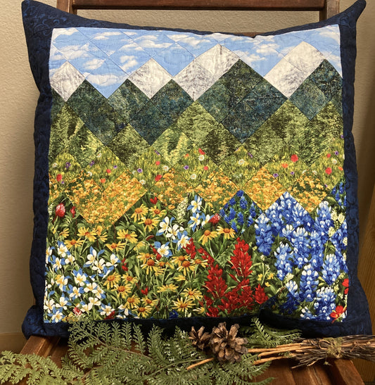 Mountain Decorative Pillow, Wildflowers Trees Mountain Sky Landscape Pillow 20x20", Cotton Lake Tahoe Cabin Lodge Decor, Texas Flowers