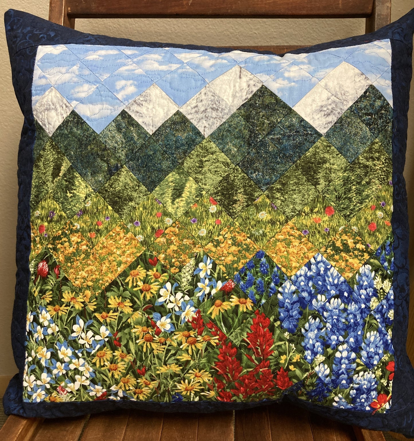 Mountain Decorative Pillow, Wildflowers Trees Mountain Sky Landscape Pillow 20x20", Cotton Lake Tahoe Cabin Lodge Decor, Texas Flowers