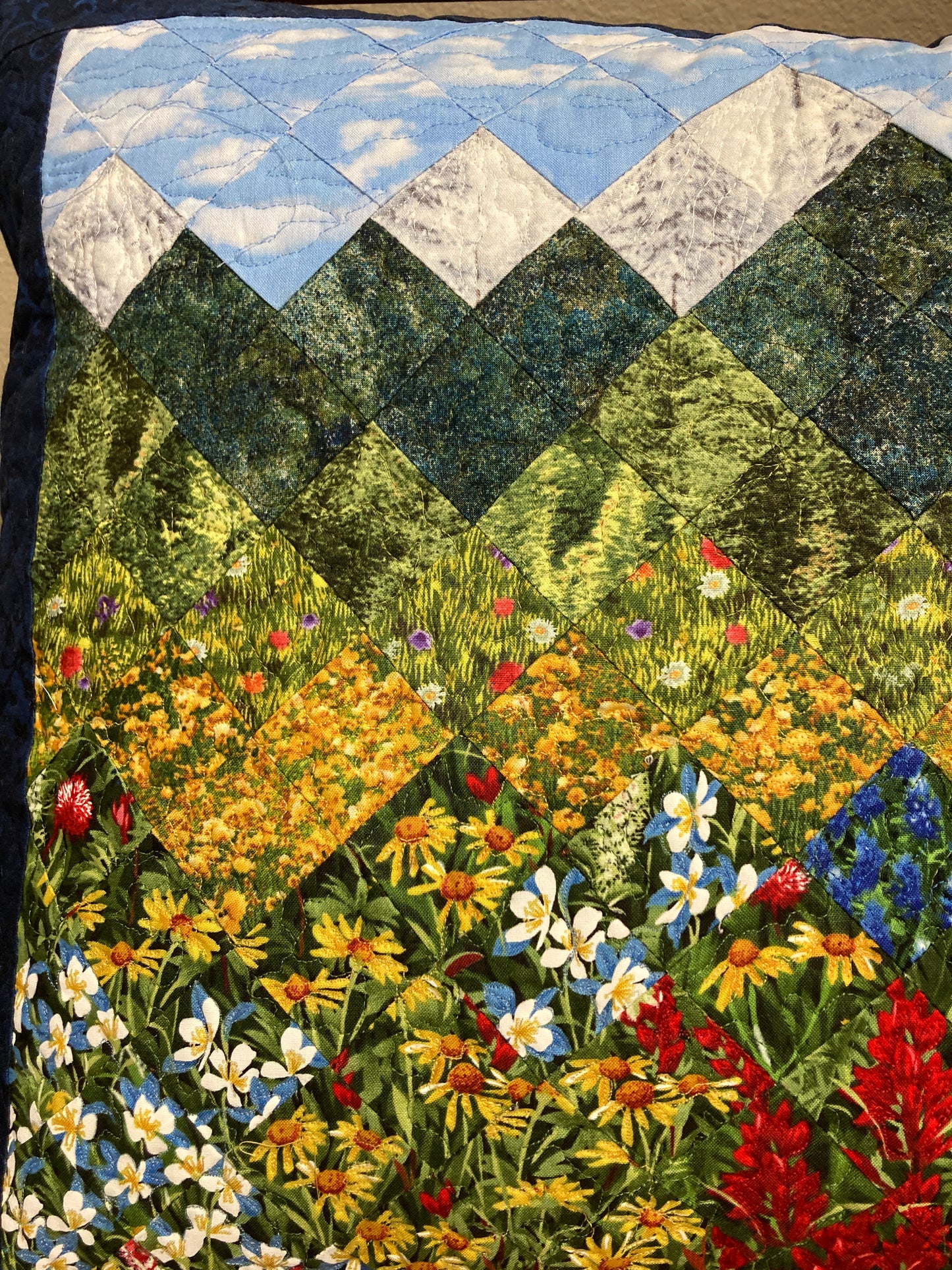 Mountain Decorative Pillow, Wildflowers Trees Mountain Sky Landscape Pillow 20x20", Cotton Lake Tahoe Cabin Lodge Decor, Texas Flowers
