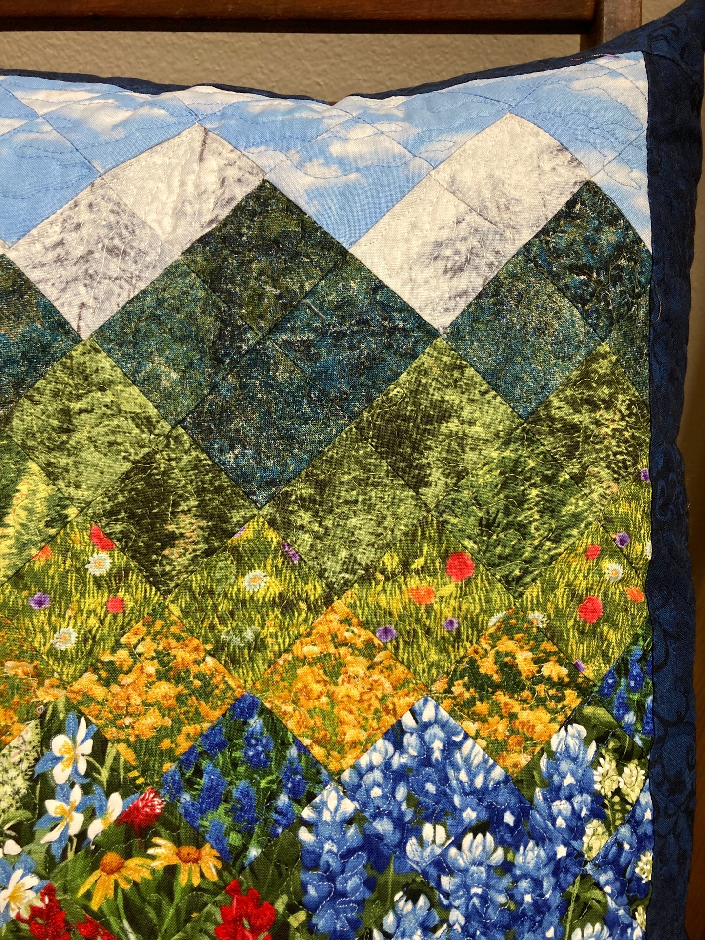 Mountain Decorative Pillow, Wildflowers Trees Mountain Sky Landscape Pillow 20x20", Cotton Lake Tahoe Cabin Lodge Decor, Texas Flowers
