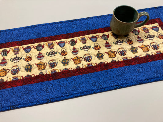 Reserved for Jamie-Teapot Quilted Table Runner, Dining Coffee End Table, 13x36", Coffee Tea Lovers Handmade Whimsical