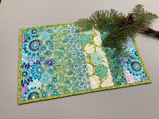 Blue Green Purple Floral Quilted Table Mat, Dining Room Coffee Table, Reversible 14x21" Handmade Bold Bright Spring Summer Easter
