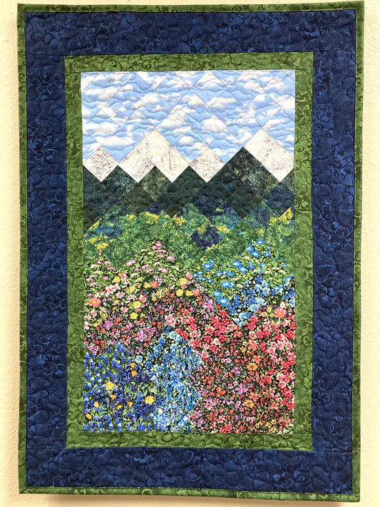 Summer Wildflower Mountain Art Quilt Fabric Wall Hanging, Landscape Vertical Quilted 20x29” Tapestry, Nature Narrow Meadow Pine Trees Alpine