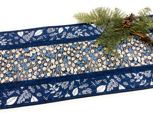 Navy Blue Daisies Quilted Dining Coffee Table Runner, Reversible 13x48", Modern Retro Coastal Minimalist Flowers, Handmade in USA