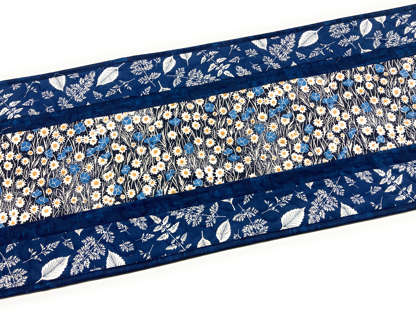 Navy Blue Daisies Quilted Dining Coffee Table Runner, Reversible 13x48", Modern Retro Coastal Minimalist Flowers, Handmade in USA