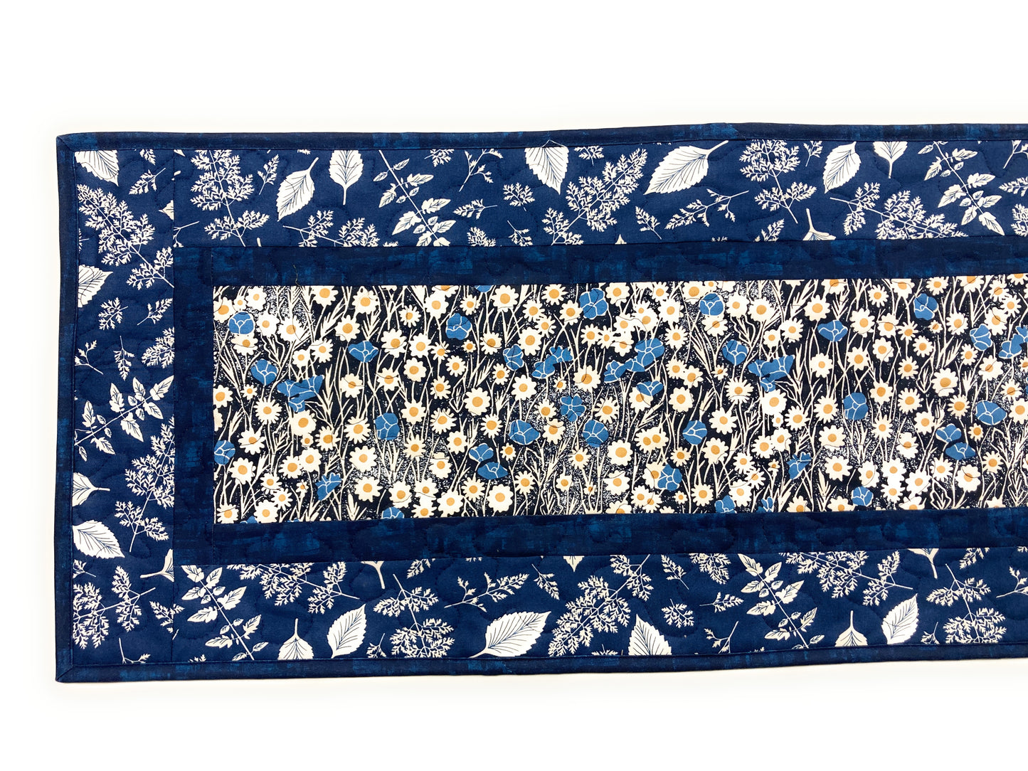 Navy Blue Daisies Quilted Dining Coffee Table Runner, Reversible 13x48", Modern Retro Coastal Minimalist Flowers, Handmade in USA