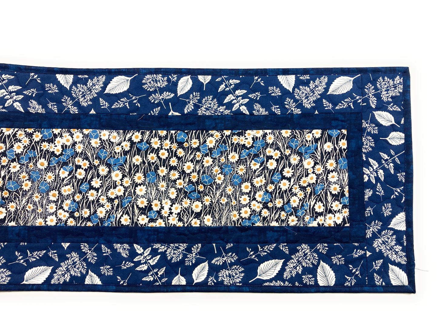 Navy Blue Daisies Quilted Dining Coffee Table Runner, Reversible 13x48", Modern Retro Coastal Minimalist Flowers, Handmade in USA