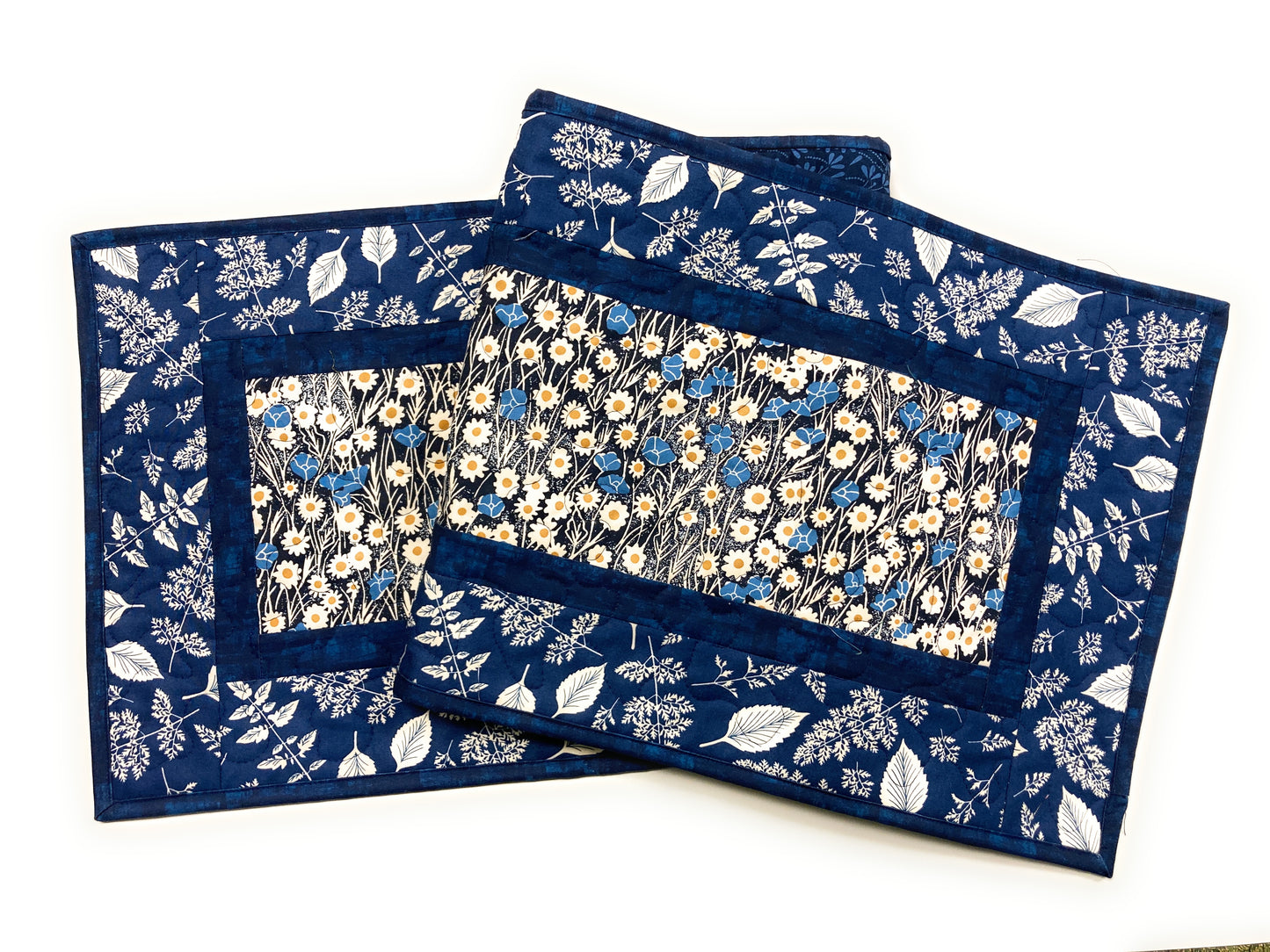 Navy Blue Daisies Quilted Dining Coffee Table Runner, Reversible 13x48", Modern Retro Coastal Minimalist Flowers, Handmade in USA