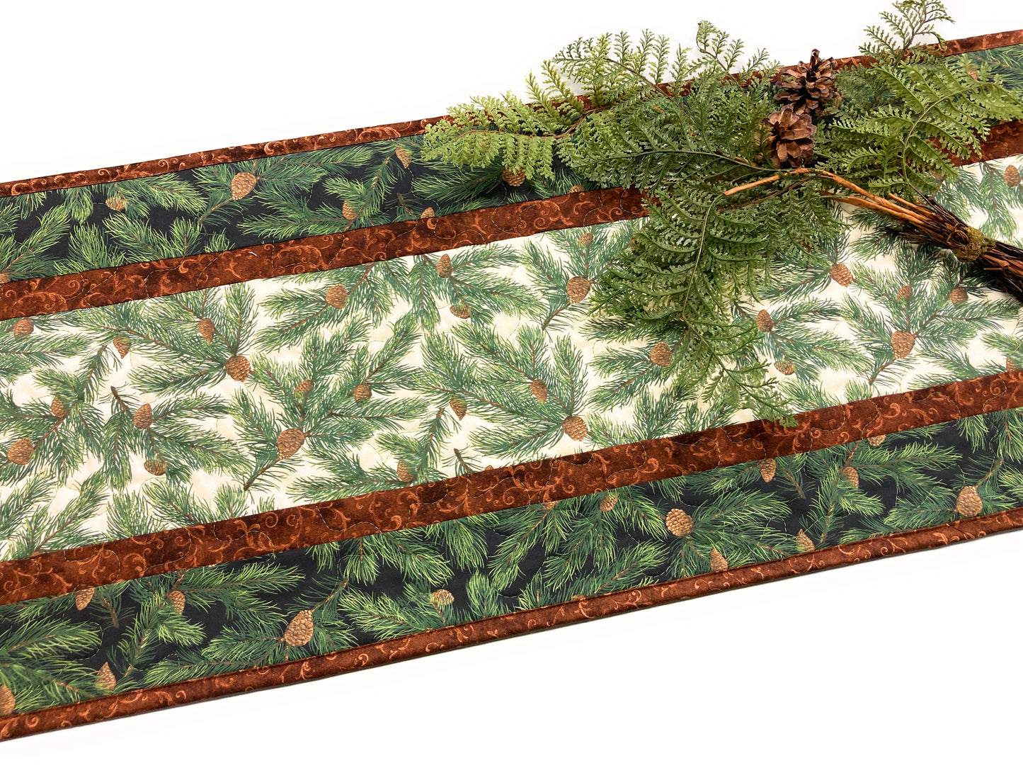 Pine Cones Quilted Dining Table Runner, Reversible, Rustic Thanksgiving Christmas Holiday Decor 13x48"