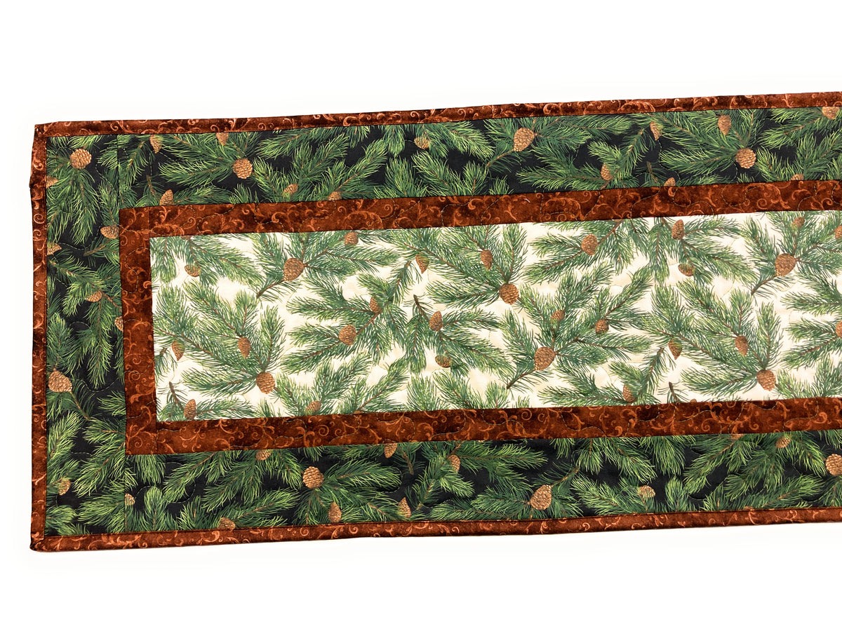 Pine Cones Quilted Dining Table Runner, Reversible, Rustic Thanksgiving Christmas Holiday Decor 13x48"