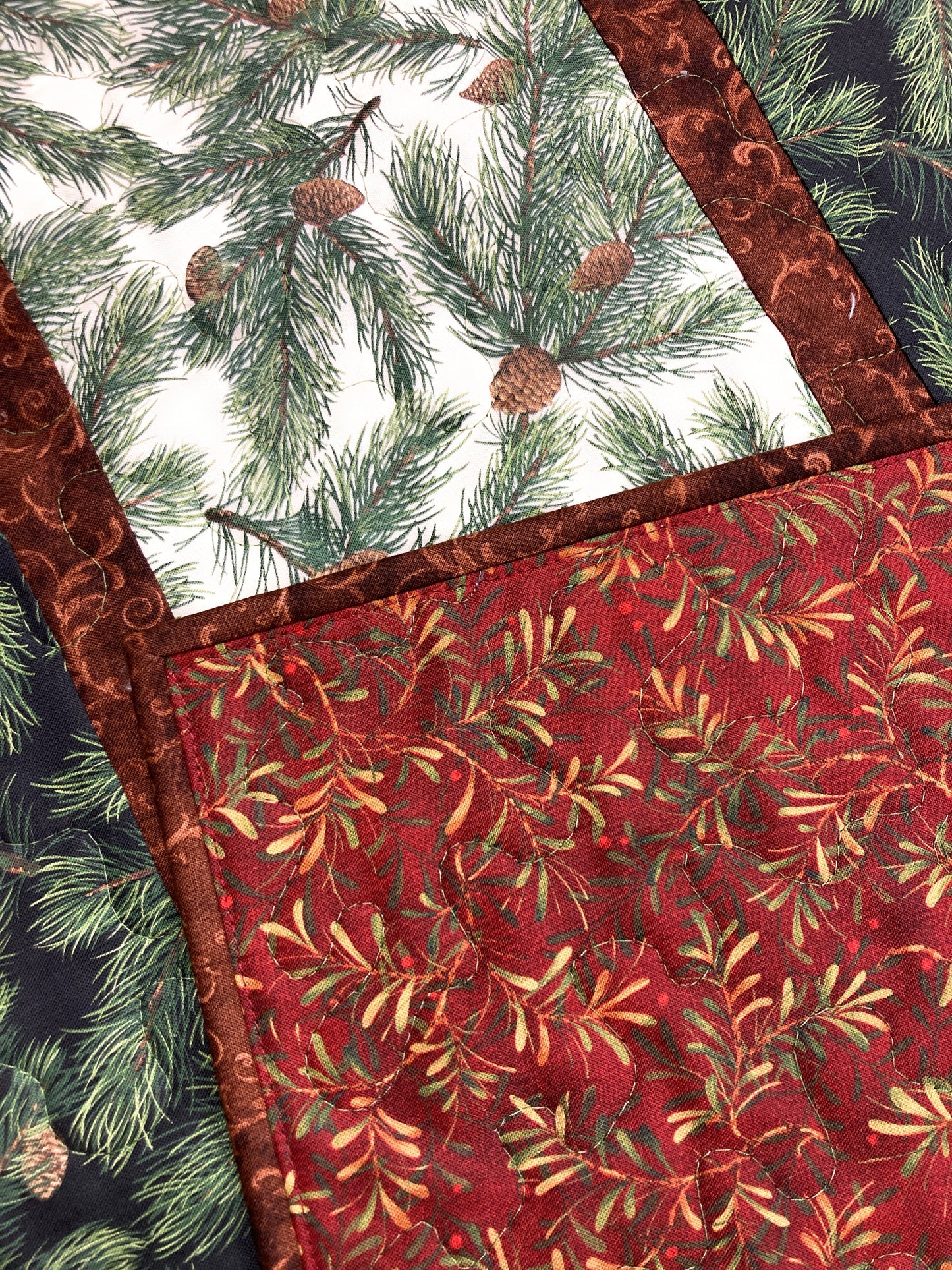 Pine Cones Quilted Dining Table Runner, Reversible, Rustic Thanksgiving Christmas Holiday Decor 13x48"