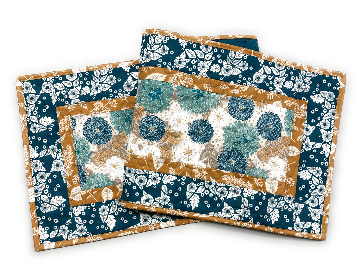 Blue Mustard Teal Mums Quilted Dining Coffee Table Runner, Reversible 13x48", Modern Retro Coastal Minimalist Flowers, Handmade in USA