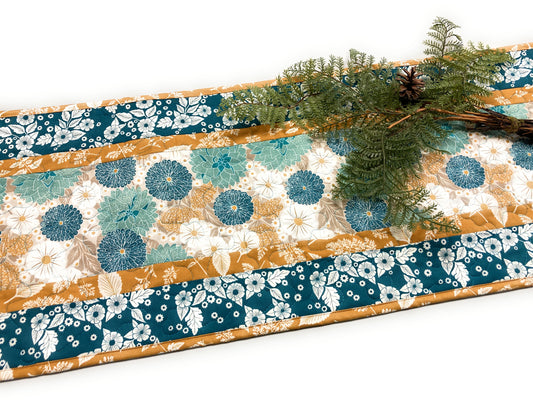 Blue Mustard Teal Mums Quilted Dining Coffee Table Runner, Reversible 13x48", Modern Retro Coastal Minimalist Flowers, Handmade in USA