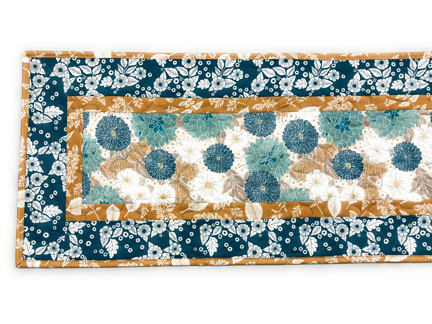 Blue Mustard Teal Mums Quilted Dining Coffee Table Runner, Reversible 13x48", Modern Retro Coastal Minimalist Flowers, Handmade in USA