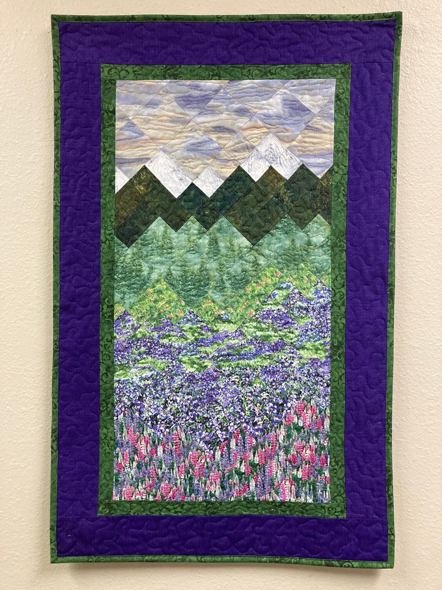 Lupine Lilac Purple Pine Trees Mountain Artwork, Quilted Tapestry Textile Art 23x36" Fabric Wall Hanging, Vertical Long Sunset Tahoe Meadows