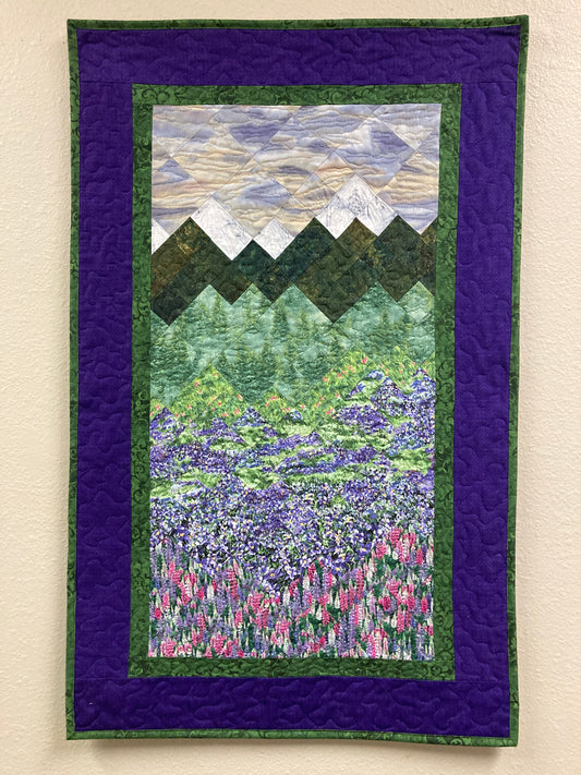 Lupine Lilac Purple Pine Trees Mountain Artwork, Quilted Tapestry Textile Art 23x36" Fabric Wall Hanging, Vertical Long Sunset Tahoe Meadows