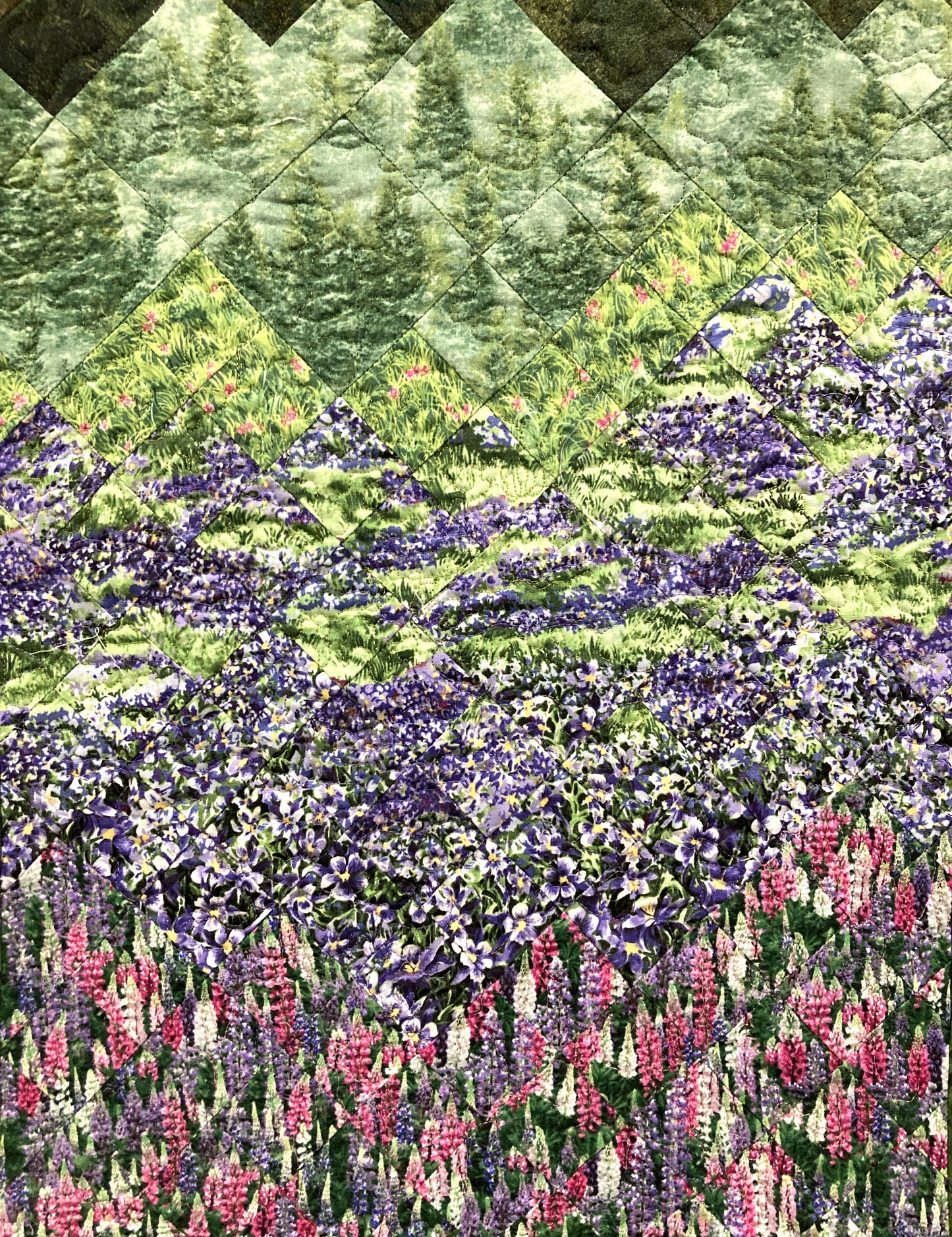 Lupine Lilac Purple Pine Trees Mountain Artwork, Quilted Tapestry Textile Art 23x36" Fabric Wall Hanging, Vertical Long Sunset Tahoe Meadows