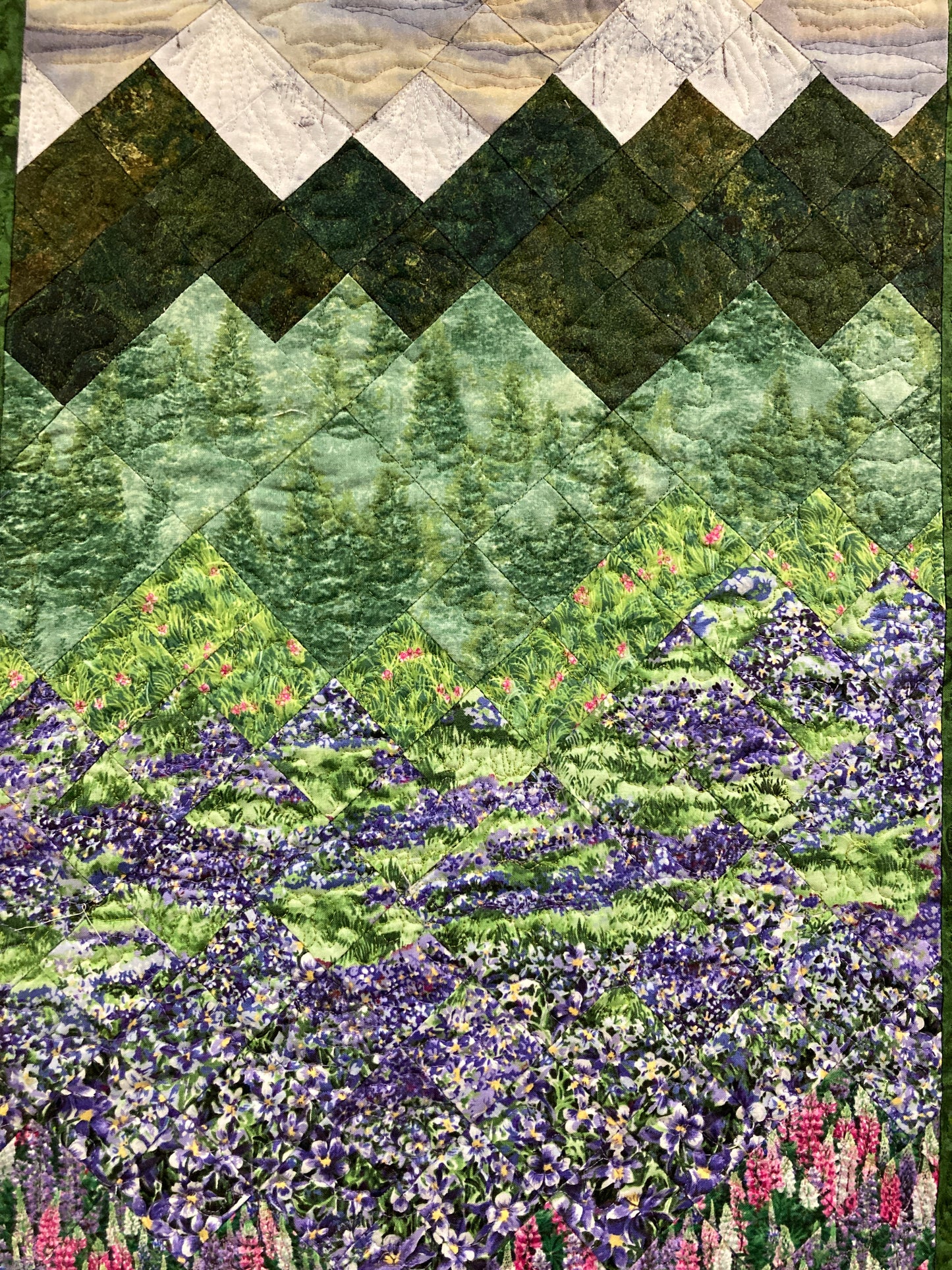 Lupine Lilac Purple Pine Trees Mountain Artwork, Quilted Tapestry Textile Art 23x36" Fabric Wall Hanging, Vertical Long Sunset Tahoe Meadows