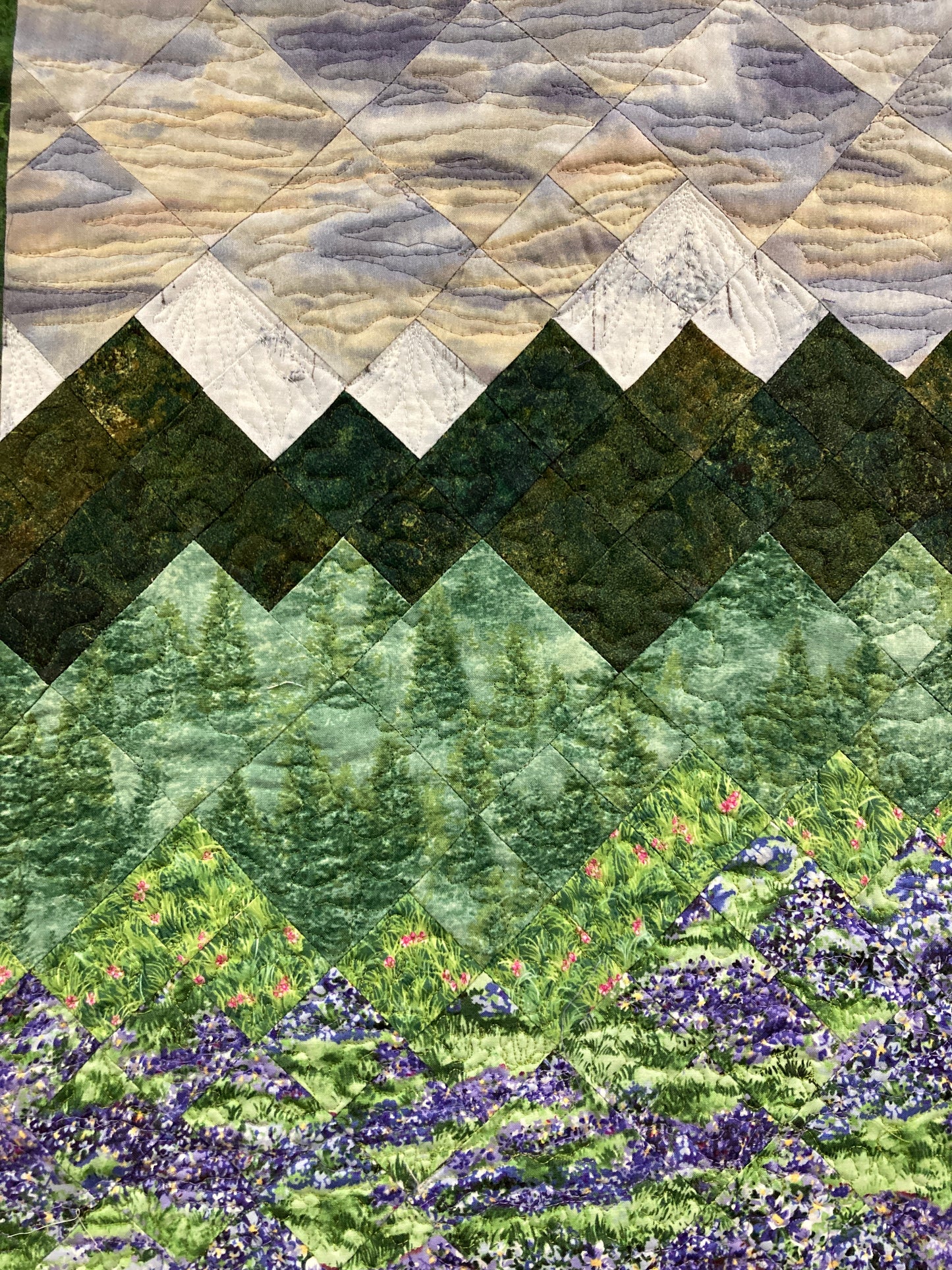 Lupine Lilac Purple Pine Trees Mountain Artwork, Quilted Tapestry Textile Art 23x36" Fabric Wall Hanging, Vertical Long Sunset Tahoe Meadows