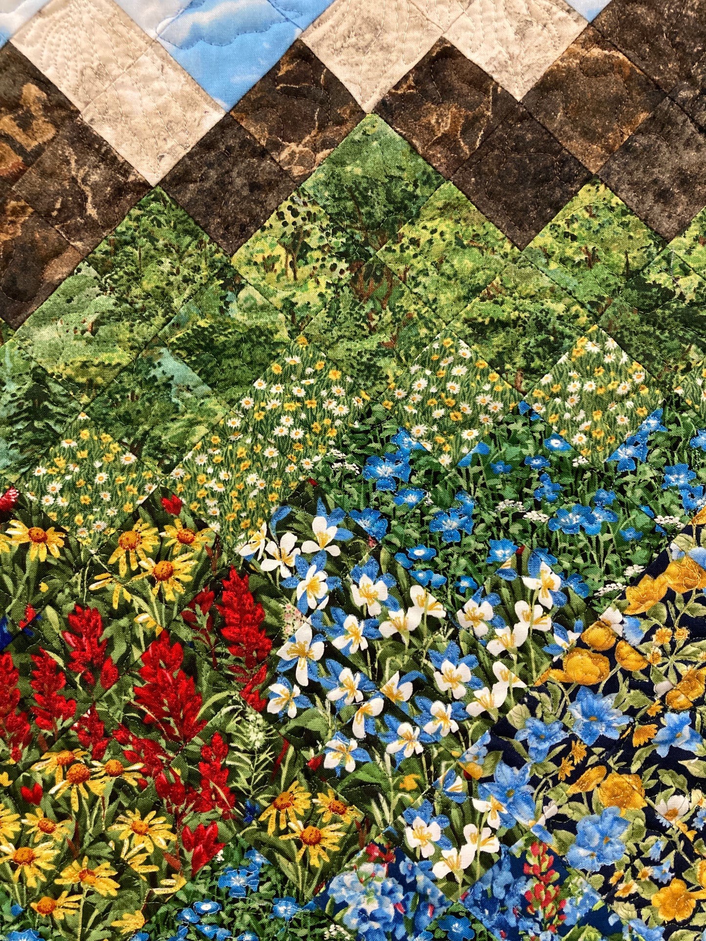 Mountain Wildflowers Art Quilt Wall Hanging Tapestry 19x26" Landscape Summer Flowers Bedroom Living Room Artwork Original Handmade
