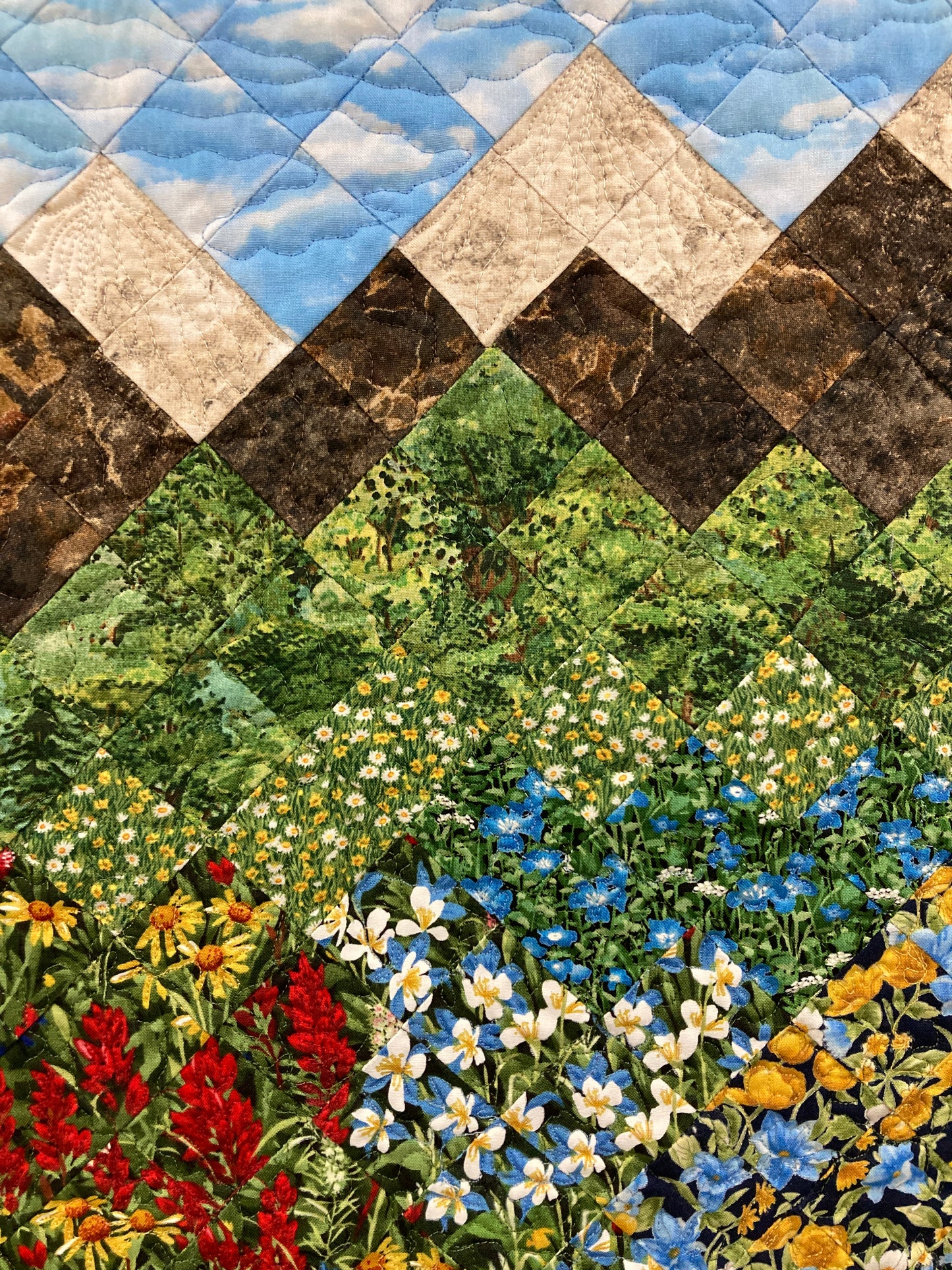 Mountain Wildflowers Art Quilt Wall Hanging Tapestry 19x26" Landscape Summer Flowers Bedroom Living Room Artwork Original Handmade