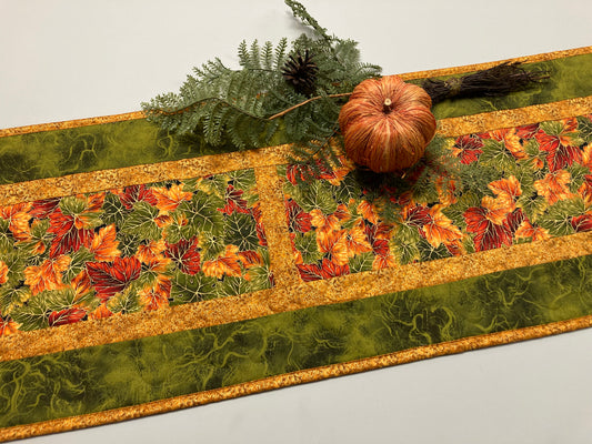 Autumn Fall Leaves Long Quilted Dining Table Runner, Coffee Table, 13x70" Reversible Holiday Winter Pine Cone, Leaf Orange Green Handmade
