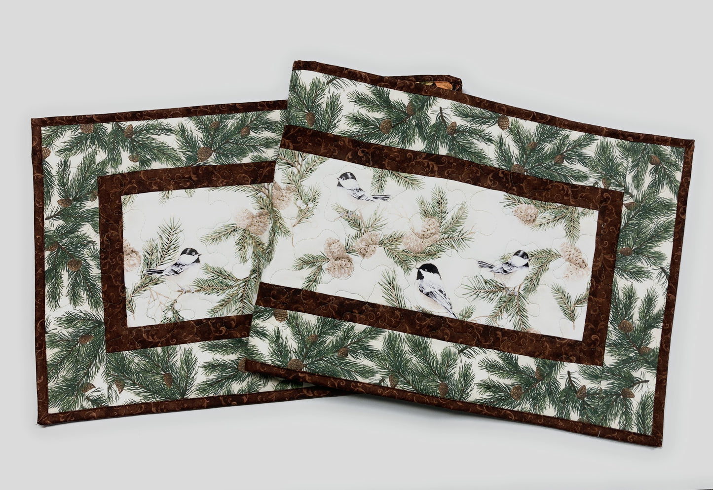 Pine Cone Mountain Chickadees Quilted Table Runner, 13x48", Reversible Fall Birds Buffet Coffee Dining Table Decor Winter Christmas Everyday