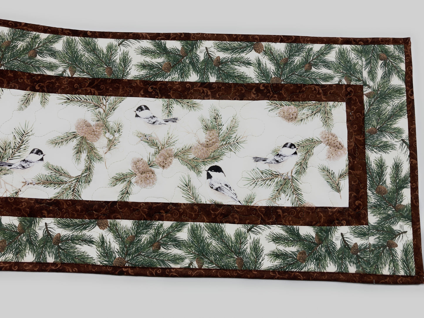 Pine Cone Mountain Chickadees Quilted Table Runner, 13x48", Reversible Fall Birds Buffet Coffee Dining Table Decor Winter Christmas Everyday