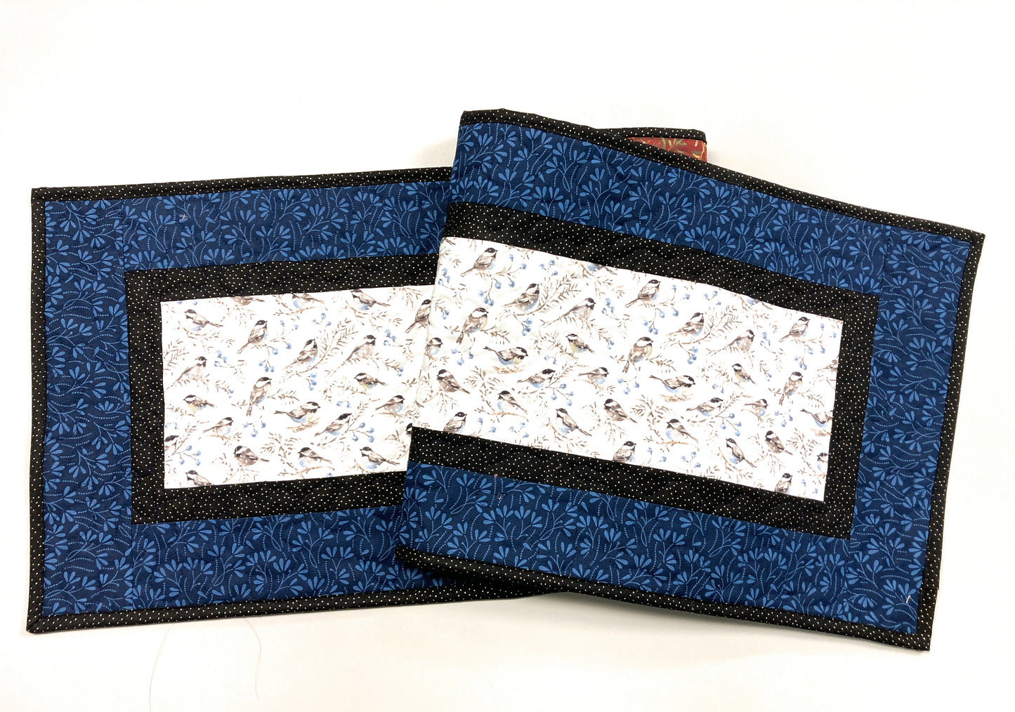 Blue Birds Quilted Dining or Coffee Table Runner, 13x48" Reversible, Small Chickadees, Cabin Everyday Nature Woods