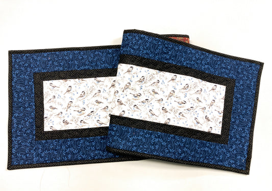 Blue Birds Quilted Dining or Coffee Table Runner, 13x48" Reversible, Small Chickadees, Cabin Everyday Nature Woods