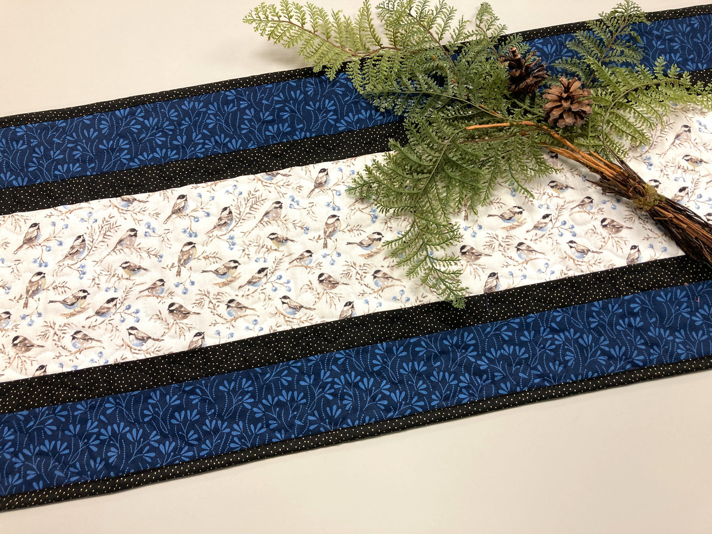 Blue Birds Quilted Dining or Coffee Table Runner, 13x48" Reversible, Small Chickadees, Cabin Everyday Nature Woods