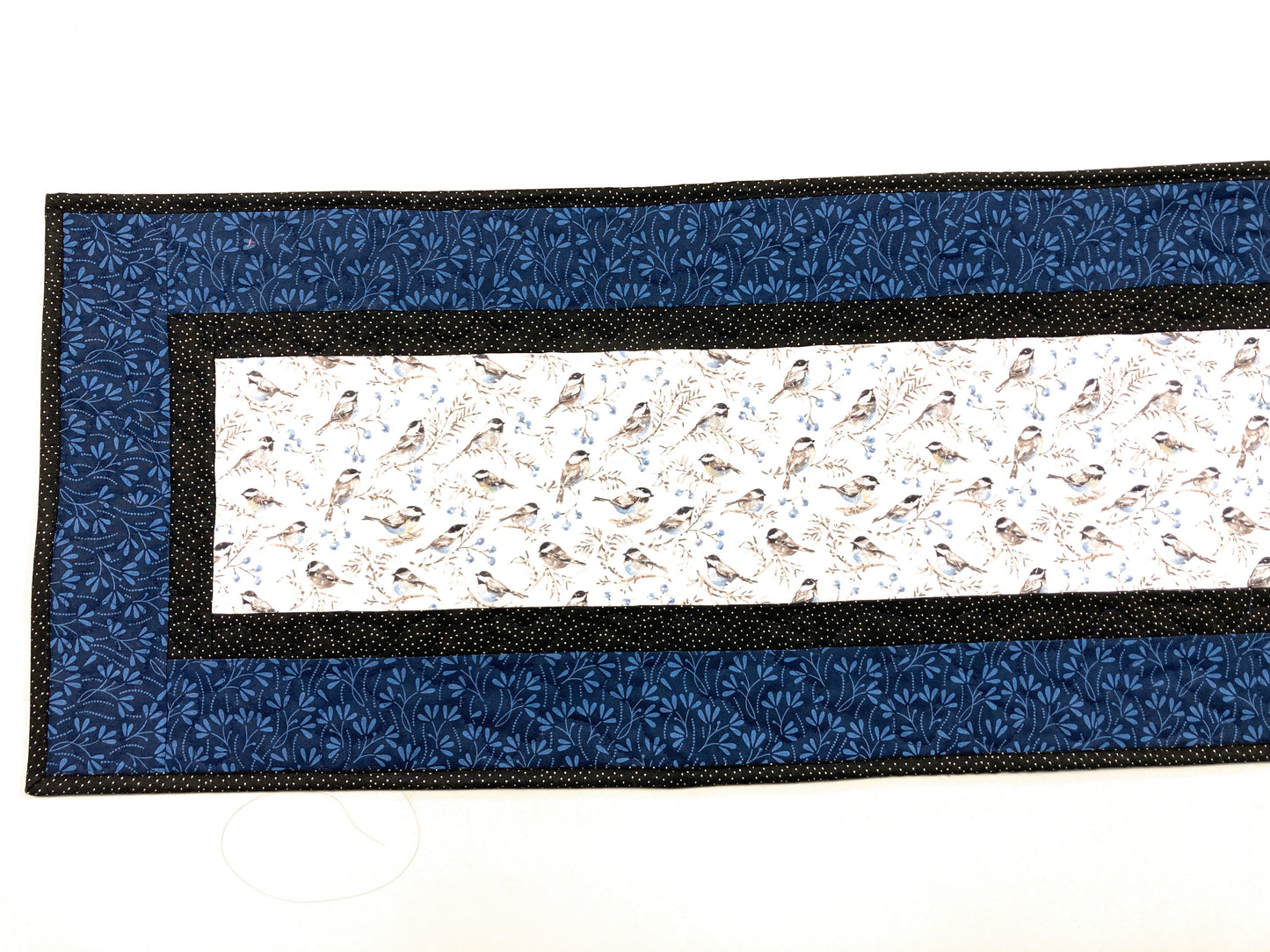 Blue Birds Quilted Dining or Coffee Table Runner, 13x48" Reversible, Small Chickadees, Cabin Everyday Nature Woods
