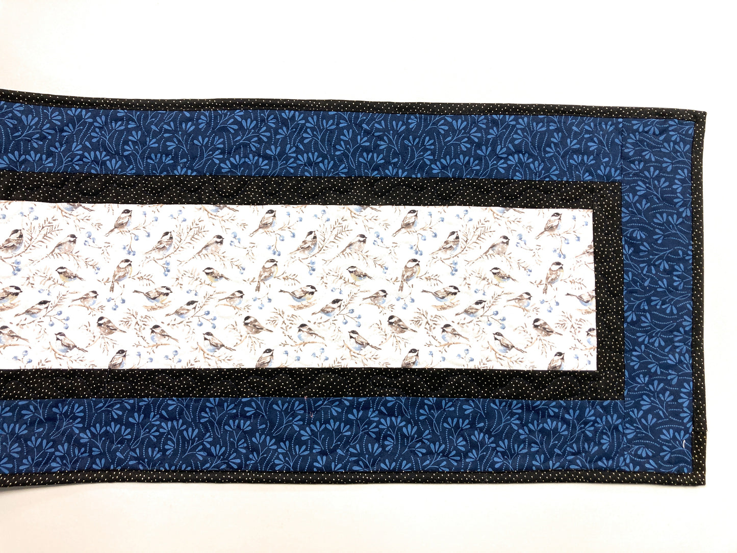 Blue Birds Quilted Dining or Coffee Table Runner, 13x48" Reversible, Small Chickadees, Cabin Everyday Nature Woods