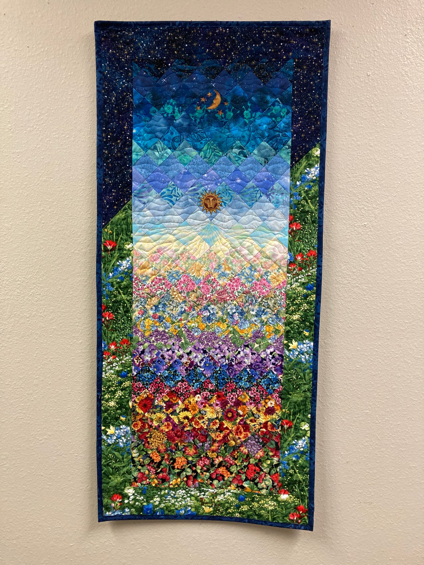 Art Quilt, Sunshine Garden Sun Moon Fabric Quilted Wall Hanging Celestial Tapestry 42x19" Whimsical Long Vertical Original Artwork Handmade