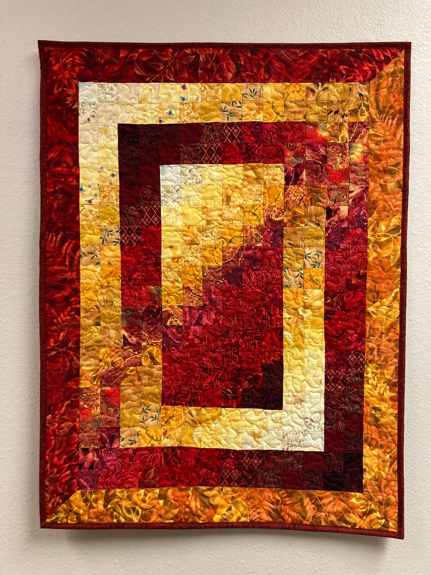 Art Quilt "Fire", Red Yellow Watercolor Fabric Wall Hanging Tapestry Original Abstract Artwork 26x35" Living Room Bedroom Handmade Vertical