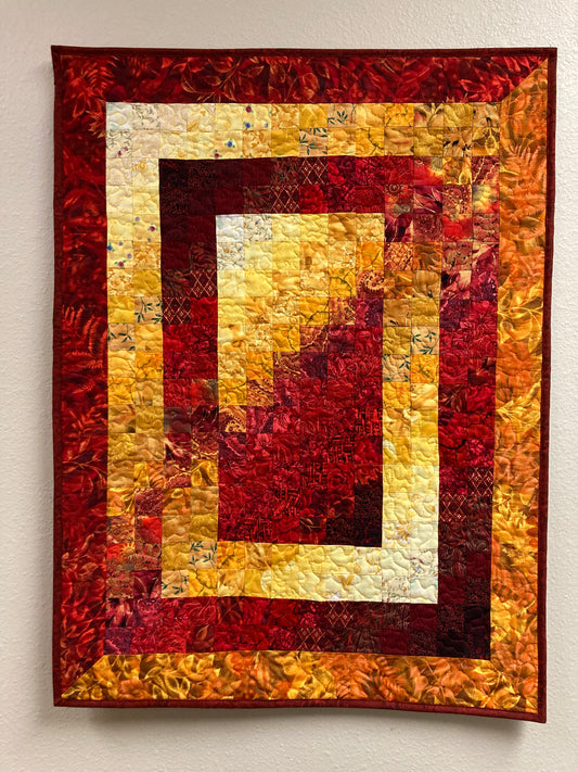 Art Quilt "Fire", Red Yellow Watercolor Fabric Wall Hanging Tapestry Original Abstract Artwork 26x35" Living Room Bedroom Handmade Vertical