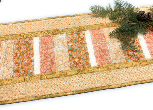 Coral Peach Spring Quilted Table Runner 14x50,  Ivory Gold Sherbet Easter Pastel Spring Shades, Reversible Flowers, Modern Decor Handmade