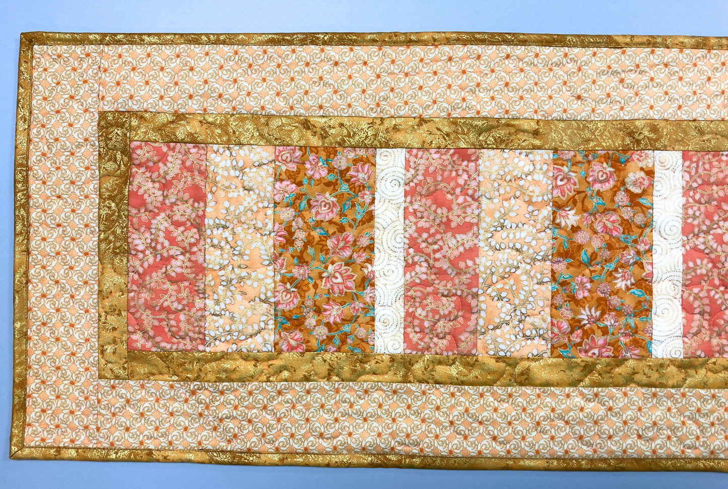 Coral Peach Spring Quilted Table Runner 14x50,  Ivory Gold Sherbet Easter Pastel Spring Shades, Reversible Flowers, Modern Decor Handmade