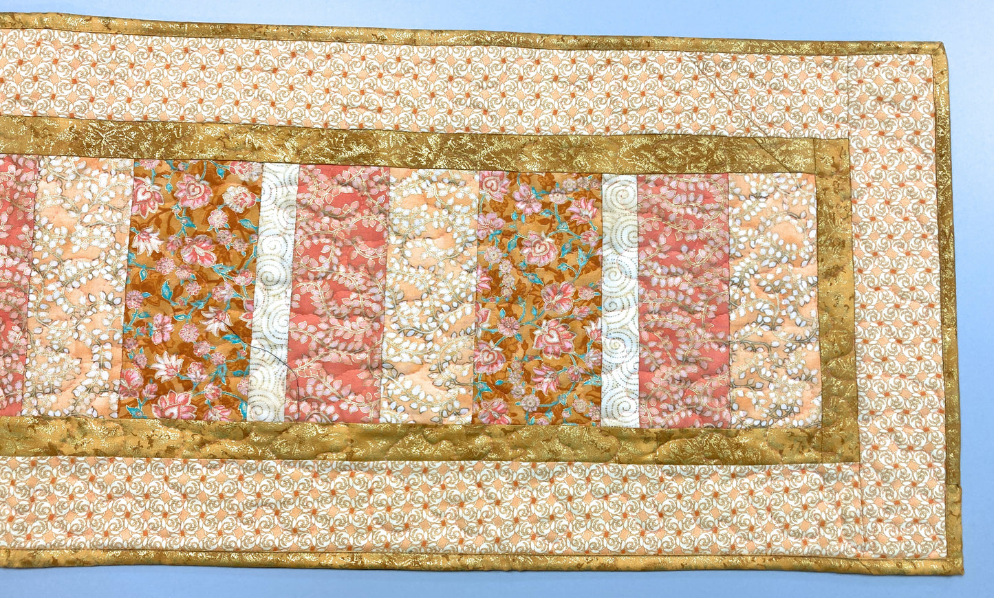 Coral Peach Spring Quilted Table Runner 14x50,  Ivory Gold Sherbet Easter Pastel Spring Shades, Reversible Flowers, Modern Decor Handmade