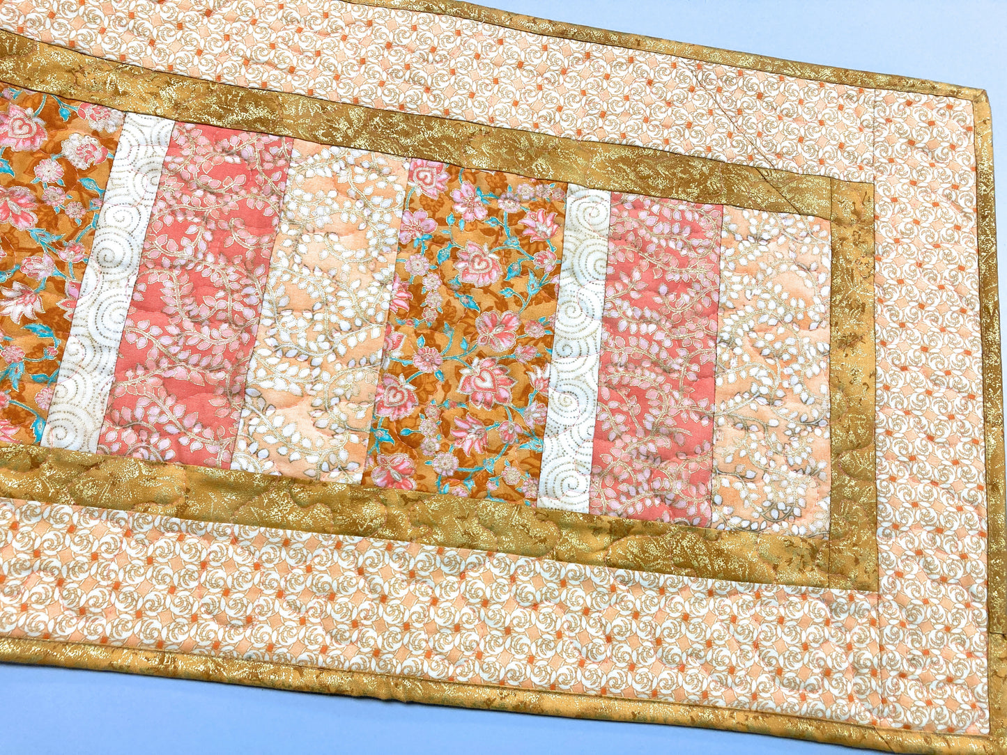 Coral Peach Spring Quilted Table Runner 14x50,  Ivory Gold Sherbet Easter Pastel Spring Shades, Reversible Flowers, Modern Decor Handmade