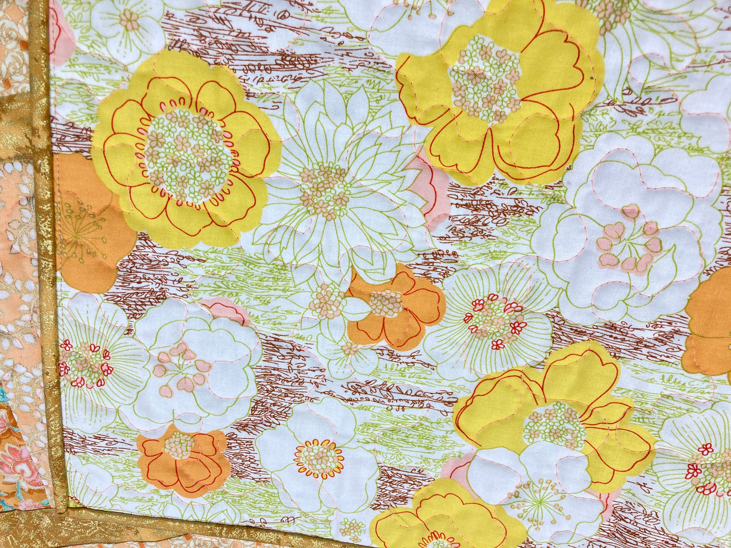 Coral Peach Spring Quilted Table Runner 14x50,  Ivory Gold Sherbet Easter Pastel Spring Shades, Reversible Flowers, Modern Decor Handmade