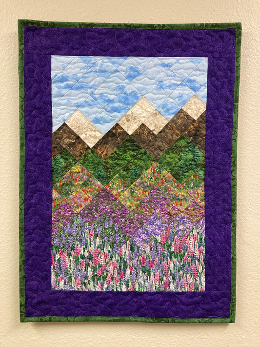 Tahoe Lupine Lilac Flowers Lake Mountain Art Quilt Fabric Wall Hanging, Quilted Landscape Tapestry Art 18x24" Tapestry, Handmade Original