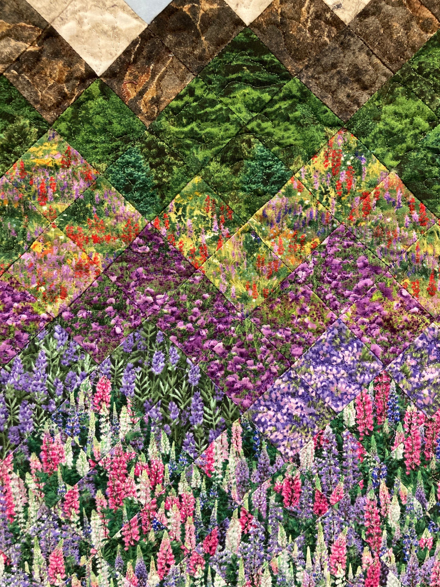 Tahoe Lupine Lilac Flowers Lake Mountain Art Quilt Fabric Wall Hanging, Quilted Landscape Tapestry Art 18x24" Tapestry, Handmade Original