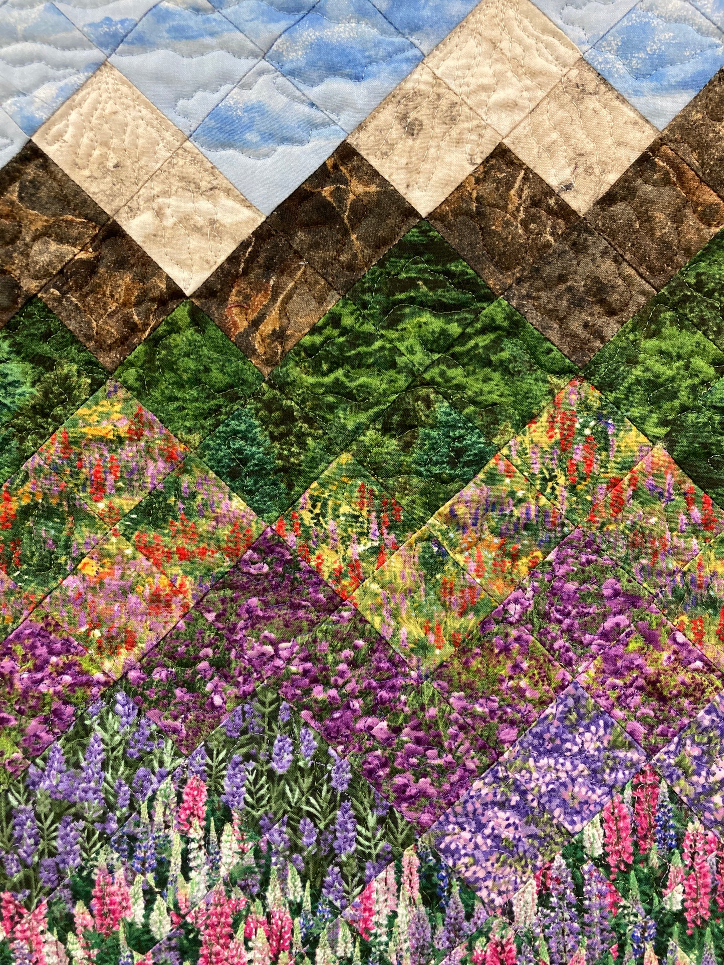 Tahoe Lupine Lilac Flowers Lake Mountain Art Quilt Fabric Wall Hanging, Quilted Landscape Tapestry Art 18x24" Tapestry, Handmade Original