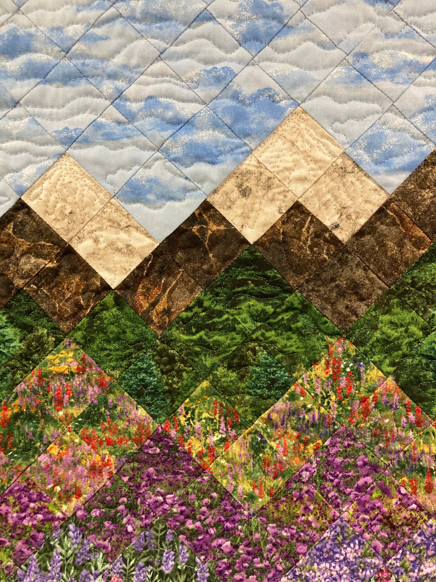 Tahoe Lupine Lilac Flowers Lake Mountain Art Quilt Fabric Wall Hanging, Quilted Landscape Tapestry Art 18x24" Tapestry, Handmade Original